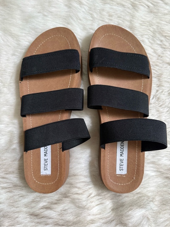 Steve Madden Shoes - Steve Madden Black Triple-Strap Slide Sandals with Tan Footbed